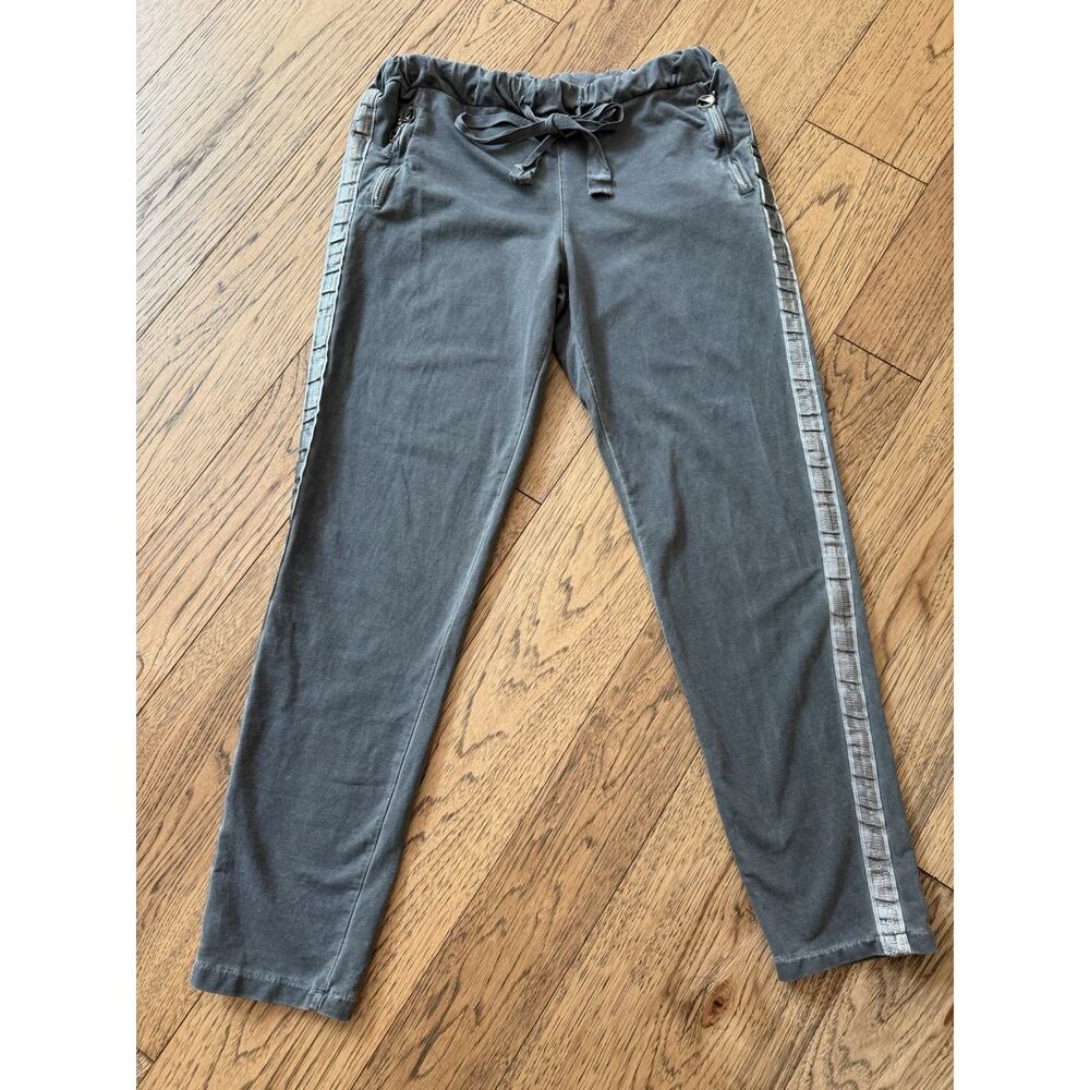 Tempo Paris Sm Gray Jogger Pants Metallic Side Stripe Zip Pocket Stretch Italy